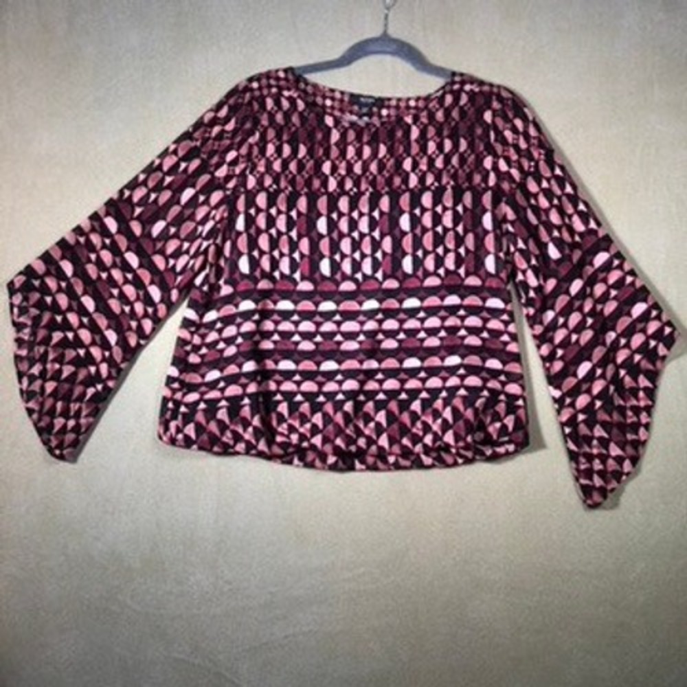 Alfani Blouse Women P/M Pink Geometric Bell Sleeve Bubble Hem Petite Medium